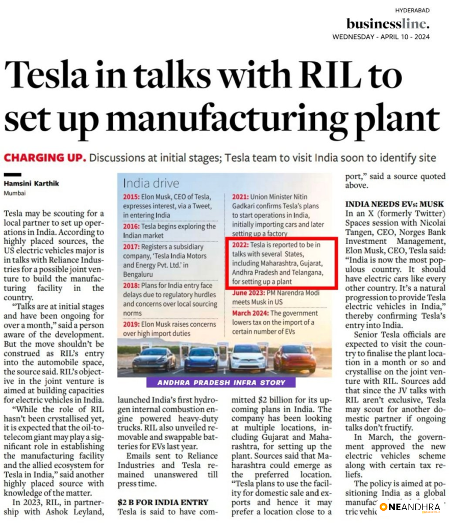 Tesla in talks with Andhra Pradesh government to sep electric car manufacturing unit.